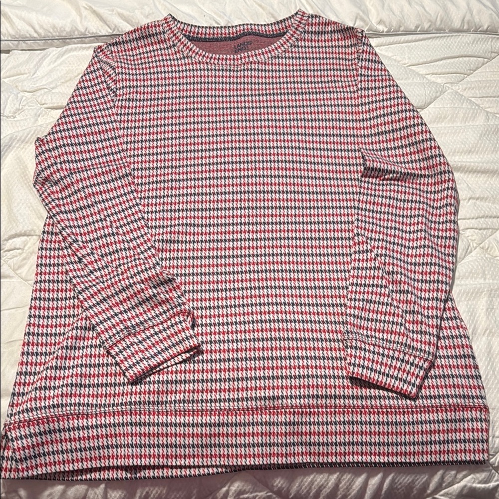 Red and White Houndstooth Long Sleeve Top Land’s End size Medium M